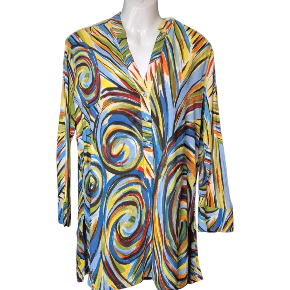Vintage Jams World Tunic Top Women's Size Medium Colourful Abstract V Neck